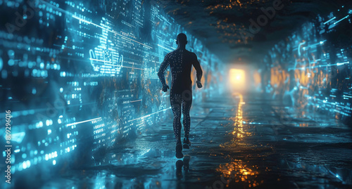 A man is walking through a tunnel illuminated by bright lights, creating a captivating visual effect.