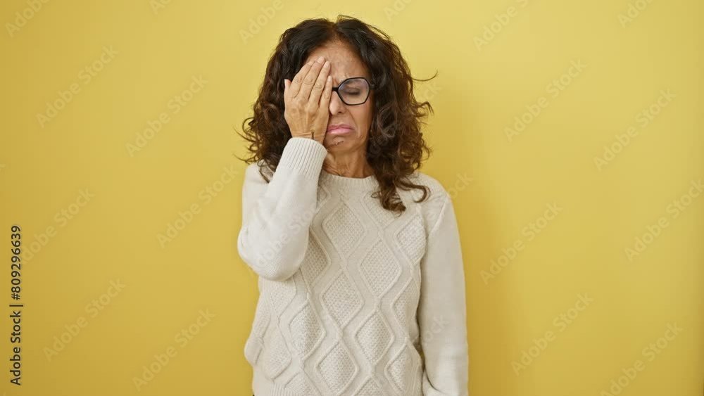 Exhausted middle age hispanic woman in glasses covering half her face while yawning late. standing isolated on a yellow background, showing the fatigue of the day. Exhausted middle age hispanic woman in glasses covering half her face while yawning late. standing isolated on a yellow background, showing the fatigue of the day.