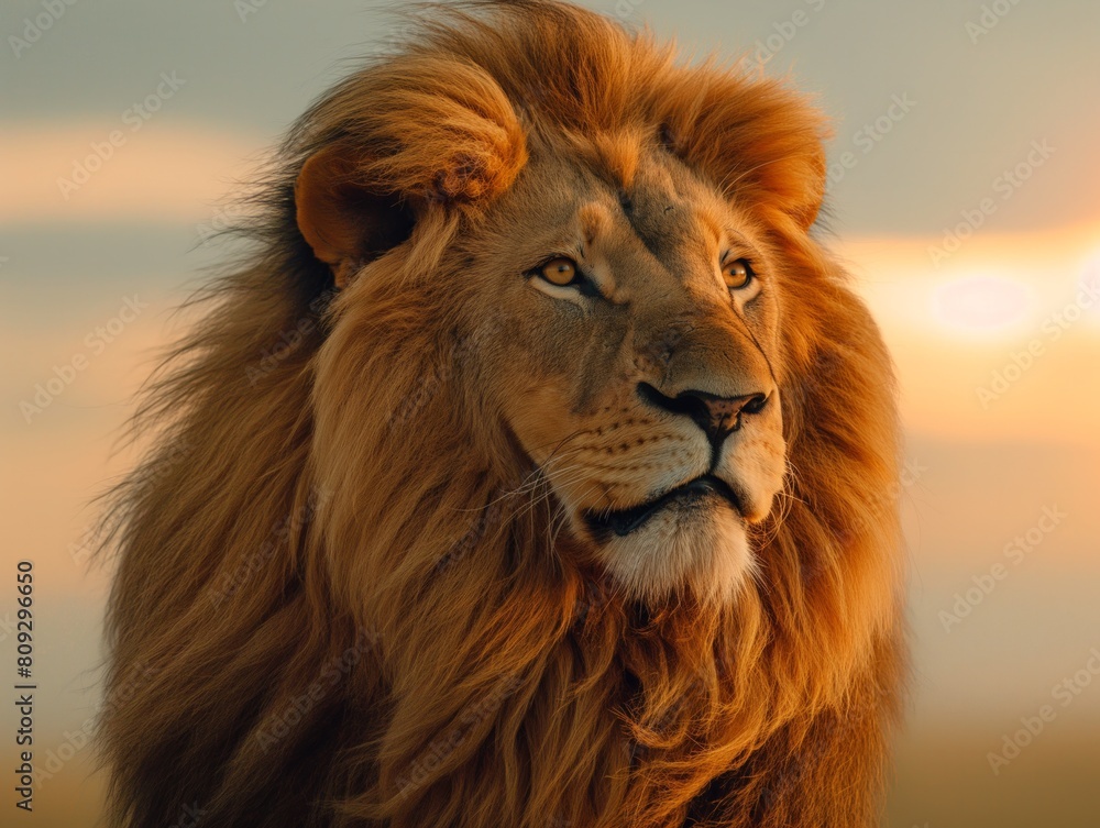 A lion with a long mane and a golden coat stands in front of a sunset. The lion's gaze is fixed on the camera, and it is looking at the viewer. Concept of majesty and power