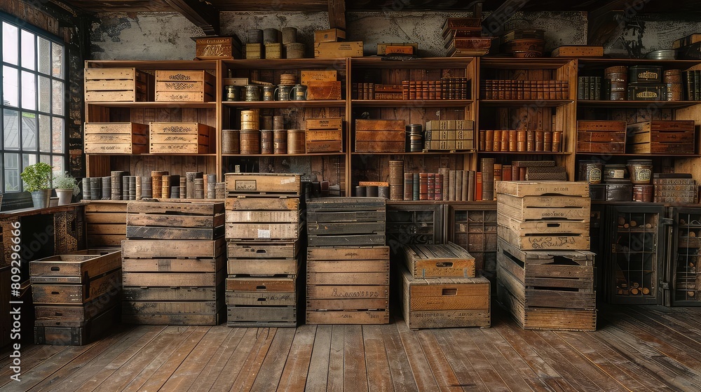 A large room filled with wooden shelves and crates A large room filled with wooden shelves and crates