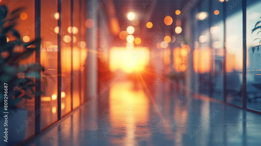 Business, empty office and blurred lobby with sunshine, bokeh and city workplace with opportunity. Sunset, interior and hallway in urban building with light flare, window and professional space Business, empty office and blurred lobby with sunshine, bokeh and city workplace with opportunity. Sunset, interior and hallway in urban building with light flare, window and professional space
