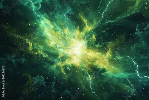 explosive supernova remnant in vibrant green cosmic nebula with lightning bolts abstract digital art