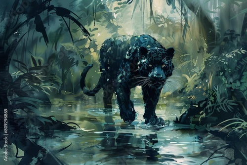 fierce panther prowling through misty jungle stream digital painting photo