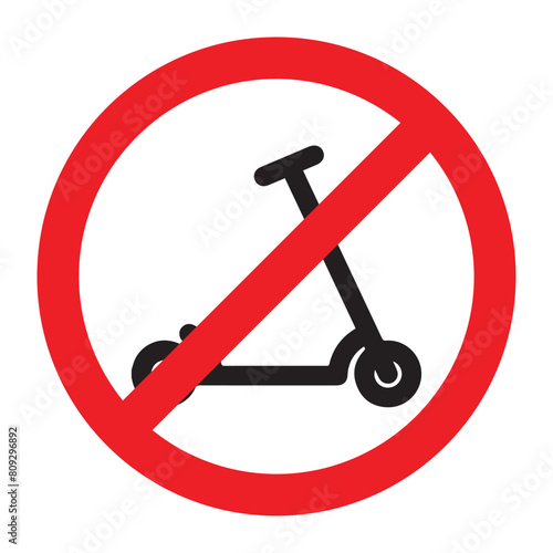 No kick scooter allowed red sign symbol prohibition. No scooter sign icon islated on white background. Riding on scooters is prohibited. Warning red round sign. The sticker. Vector flat illustration.