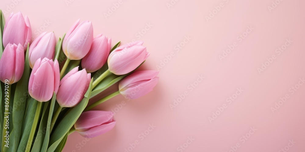 Fresh Pink Tulips On Pink Background. Close-Up Of Pink Tulip Bouquet With Copy Space. Blossom Spring Flowers. Generative AI Fresh Pink Tulips On Pink Background. Close-Up Of Pink Tulip Bouquet With Copy Space. Blossom Spring Flowers. Generative AI