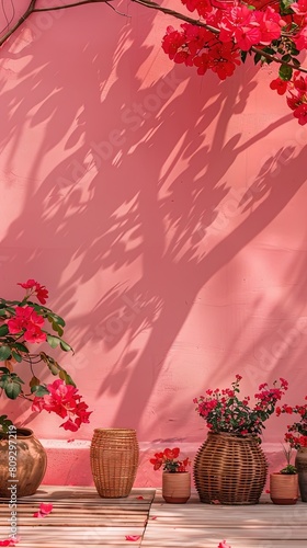 Potted plants in front of pink walls