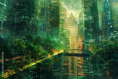 futuristic cityscape harmonizes with lush green spaces urban evolution and growth digital painting