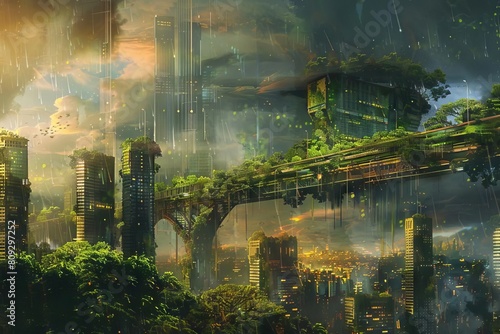 futuristic cityscape harmonizes with lush green spaces urban evolution and growth digital painting © furyon