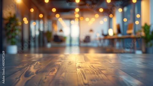 Business  blur and empty office with wood  table and creative workplace for recruitment opportunity. Building  interior design and sustainability with plants  light and professional startup space