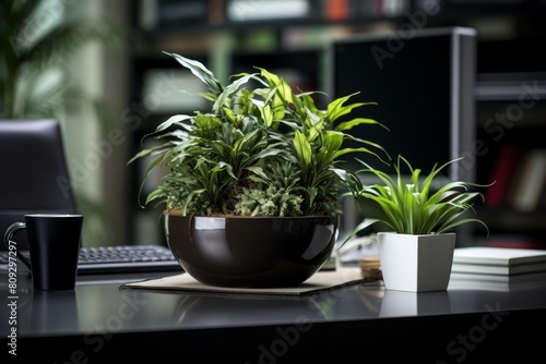 Assorted potted plants beside a coffee mug on an office desk  promoting a calming work environment