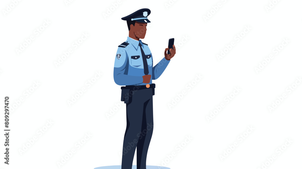Side view of black policeman with phone. African po