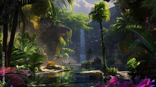 Surrounded by palm trees and vibrant flora  this fantasy landscape invites relaxation. Generative Ai