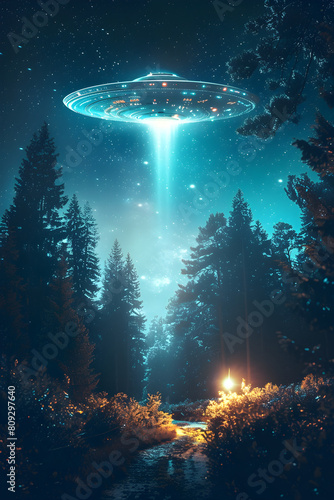 Unidentified Flying Object Hovering over Nocturnal Forest Pathway: A Mysterious Night Time View