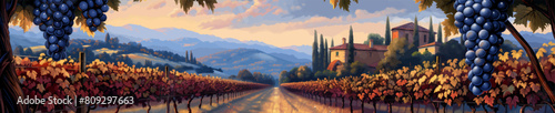 Grapes vineyard grapevines in the foreground and a classic villa among rolling hills generative ai vector illustration.