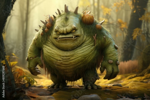 Whimsical troll character stands amidst a misty autumnal forest backdrop photo