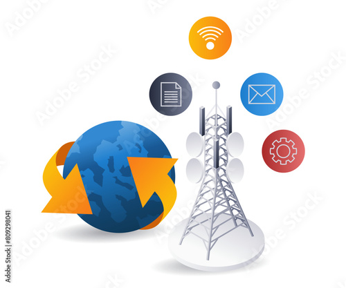 World network tower infographics flat isometric 3d illustration