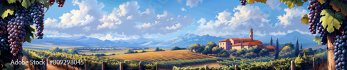 Grapes vineyard grapevines in the foreground and a classic villa among rolling hills generative ai vector illustration.