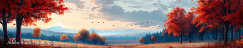Stunning autumn landscape featuring vivid red trees, a serene mountain backdrop, and migrating birds, in a tranquil rural setting generative ai vector illustration.