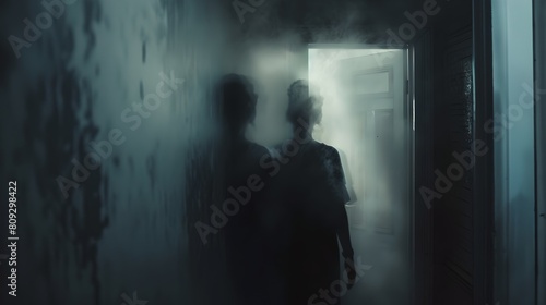 Mysterious figures in a foggy corridor  suspenseful scene. Eerie atmosphere  blurred silhouettes  ghostly appearance. Abandoned building exploration. AI