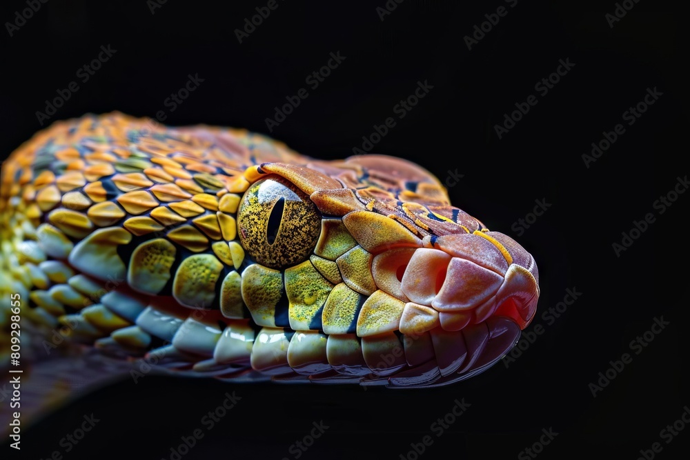 closeup of venomous viper snake head against black background deadly predator portrait photo closeup of venomous viper snake head against black background deadly predator portrait photo