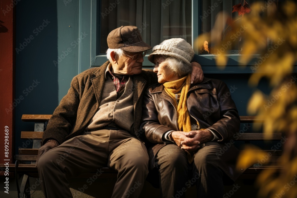 Obraz premium Tender moment between a senior man and woman sitting closely and sharing affection outdoors