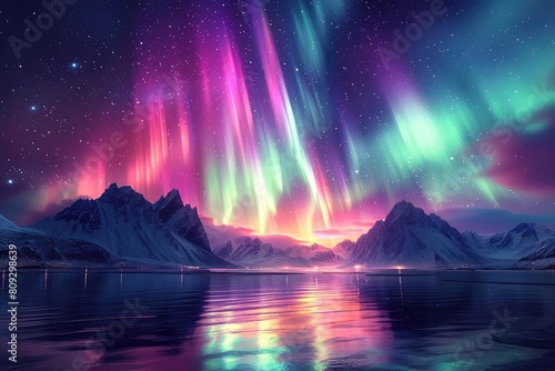 Generate a photo of the aurora borealis over a mountain range. Make the aurora borealis the main focus of the image.
