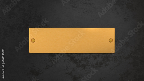 Golden plaque with rivets. Metallic nameboard on black concrete wall. 3D rendering.