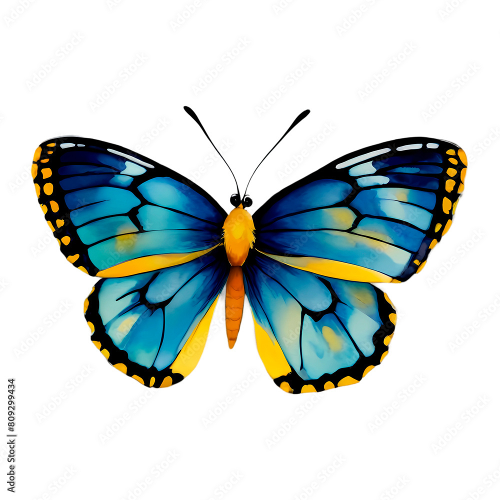 Fototapeta premium Butterfly isolated PNG watercolor illustration. Blue sublimation for logo design, Baby Shower, sticker, posters, wedding invitation, greating postcard, print