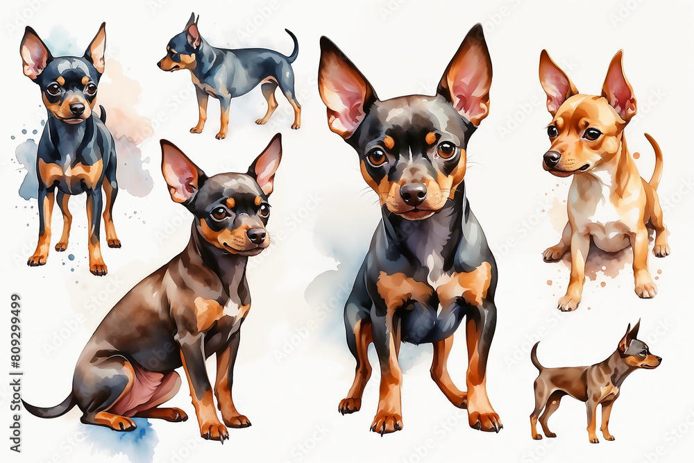 Miniature Pinscher with watercolor splashes isolated with copy space. Pet portrait illustration
