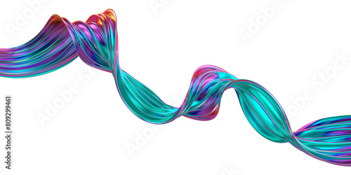 Abstract metallic colorful wavy line flow. Isolated iridescent ribbon. 3D rendered art.