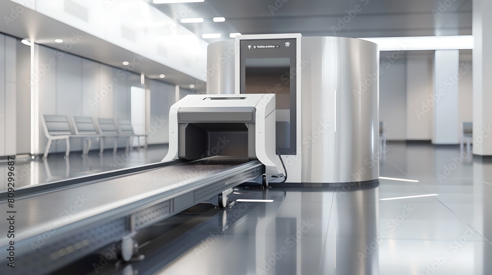 Modern Airport Security Checkpoint with X-ray Machine. Empty Terminal with Conveyor Belt, Gray Style. Professional Security Equipment. AI Modern Airport Security Checkpoint with X-ray Machine. Empty Terminal with Conveyor Belt, Gray Style. Professional Security Equipment. AI