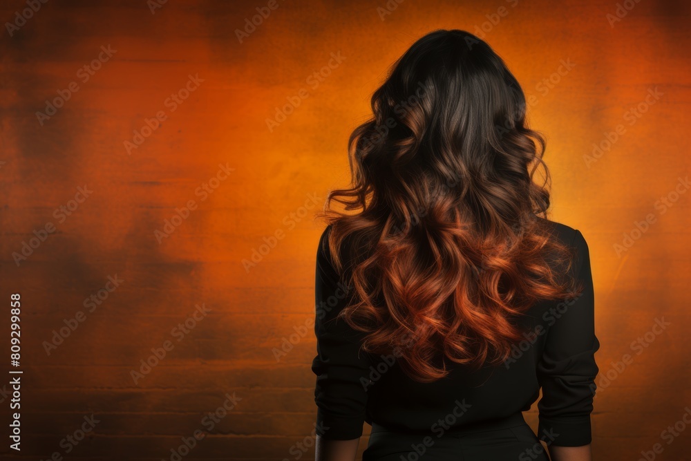 Captivating Portrait of a Stunning Brunette Woman with Luxurious Long Wavy Hair Blowing in the Breeze, Standing Confidently Against a Striking Vibrant Orange Background Captivating Portrait of a Stunning Brunette Woman with Luxurious Long Wavy Hair Blowing in the Breeze, Standing Confidently Against a Striking Vibrant Orange Background