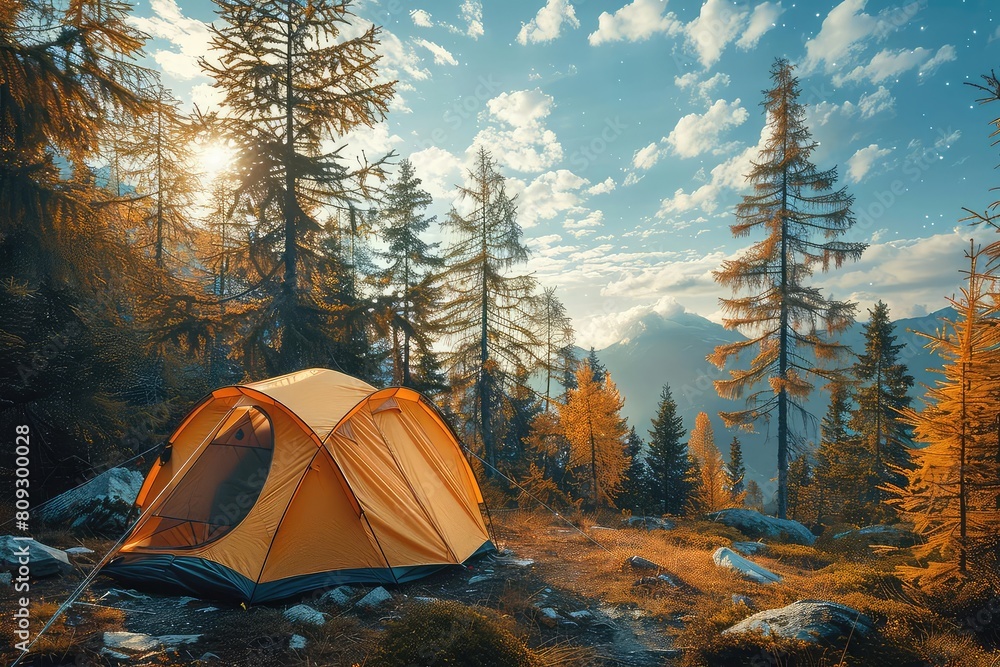 A lone yellow tent sits in a clearing in the woods. The sun is shining through the trees, and the mountains are in the distance. The tent is surrounded by tall grass and trees. A lone yellow tent sits in a clearing in the woods. The sun is shining through the trees, and the mountains are in the distance. The tent is surrounded by tall grass and trees.