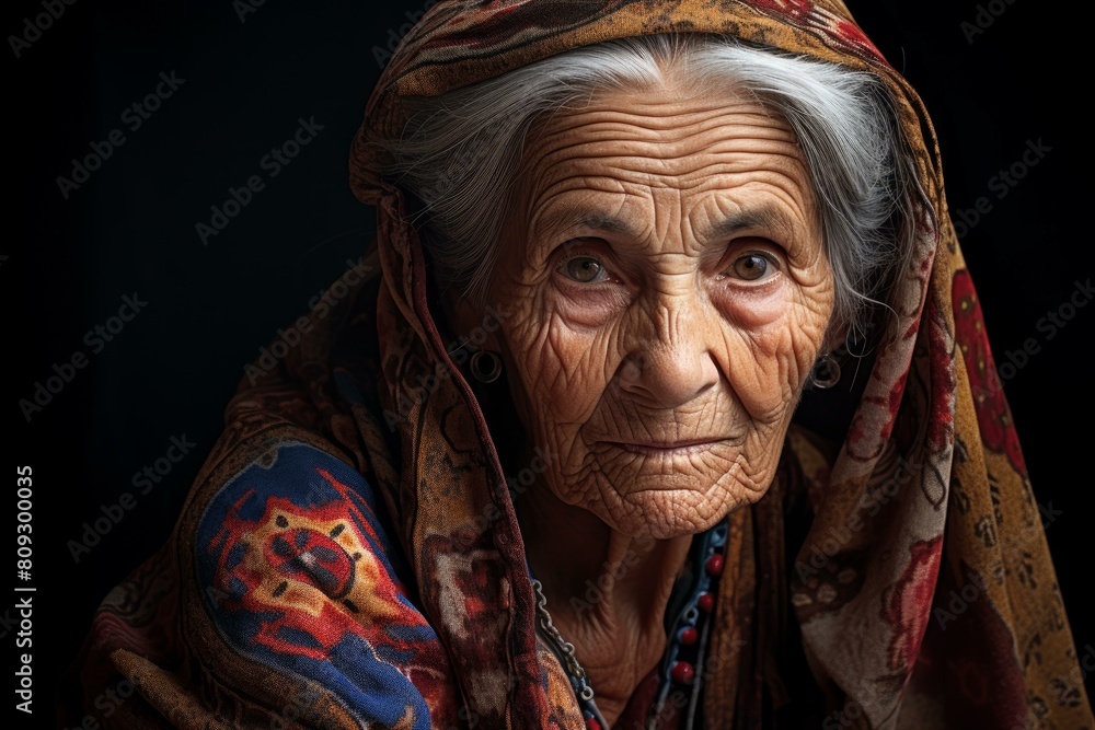 Close-up portrait of a wise elderly woman draped in a colorful traditional shawl Close-up portrait of a wise elderly woman draped in a colorful traditional shawl