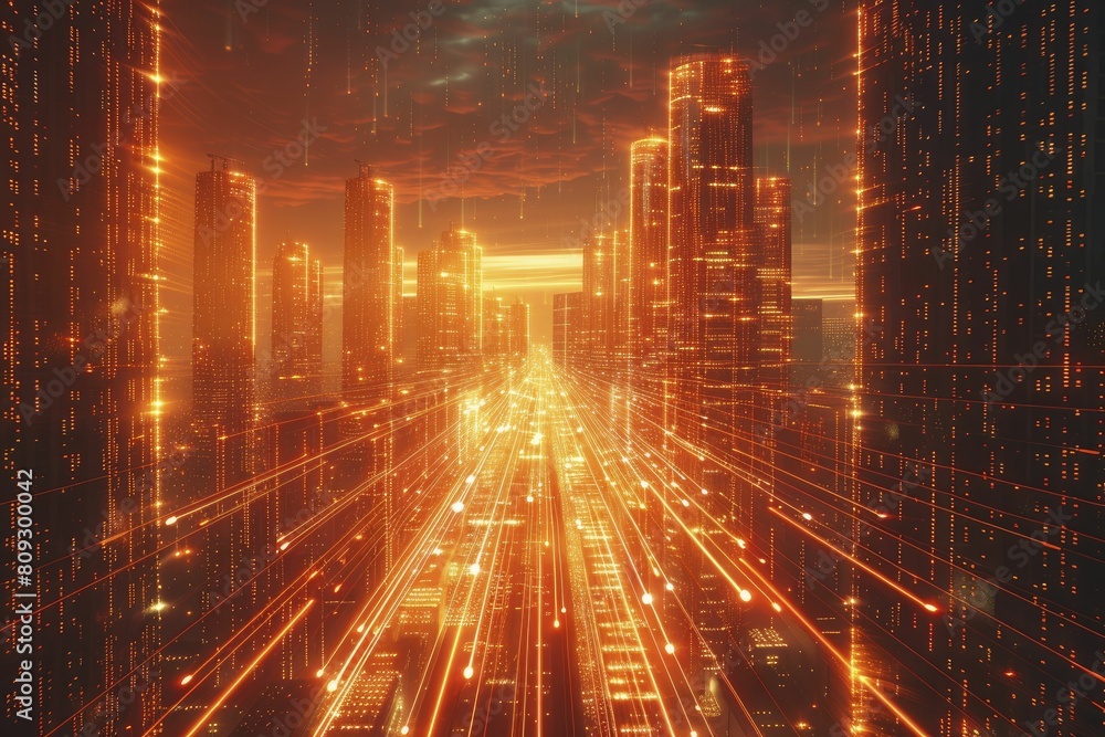 High Tech Horizon: Glowing lines of data streaming through a city of towering skyscrapers at night.
