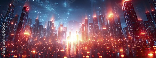 Metropolis at Technological Peak  Skyscrapers lit by dynamic red and blue lights  depicting the energy of a tech driven city.