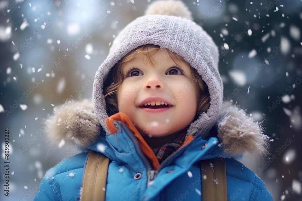 Young child wearing blue coat and white hat is smiling in snow Young child wearing blue coat and white hat is smiling in snow