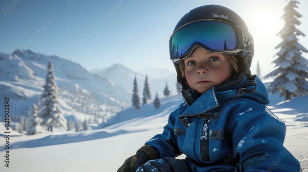 Young child is wearing blue jacket and goggles Young child is wearing blue jacket and goggles