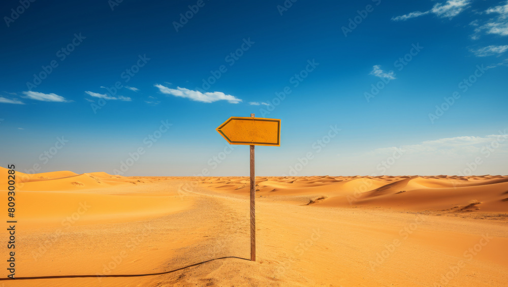 Blank Directional Sign In Desert Landscape Under Clear Blue Sky. Empty Signpost, Travel Concept. Generative AI Blank Directional Sign In Desert Landscape Under Clear Blue Sky. Empty Signpost, Travel Concept. Generative AI