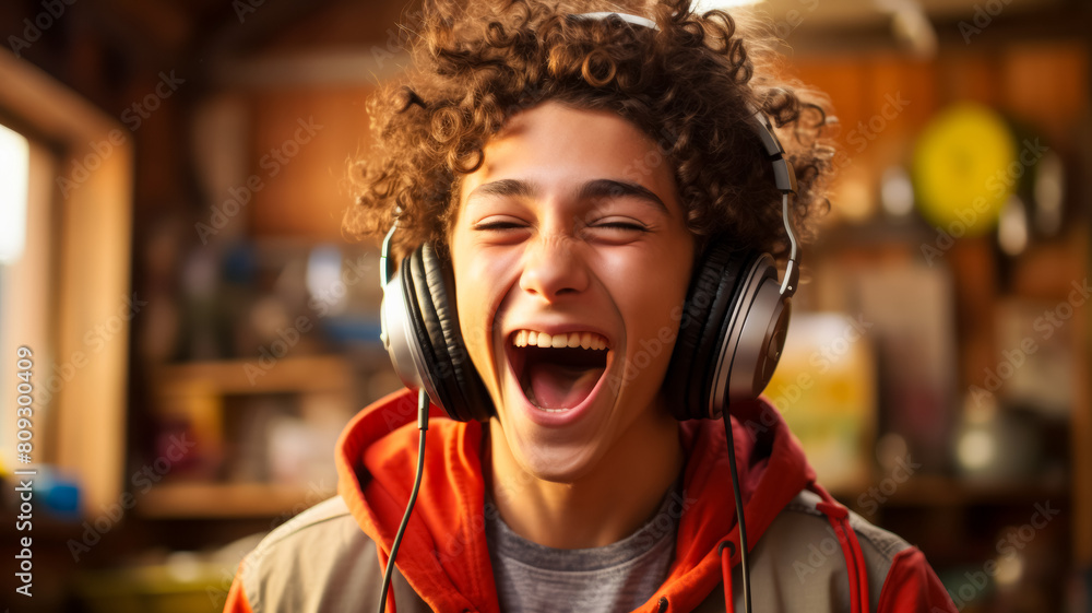 A young Asian boy 14 years old enjoying music in her cozy living room, wearing headphones