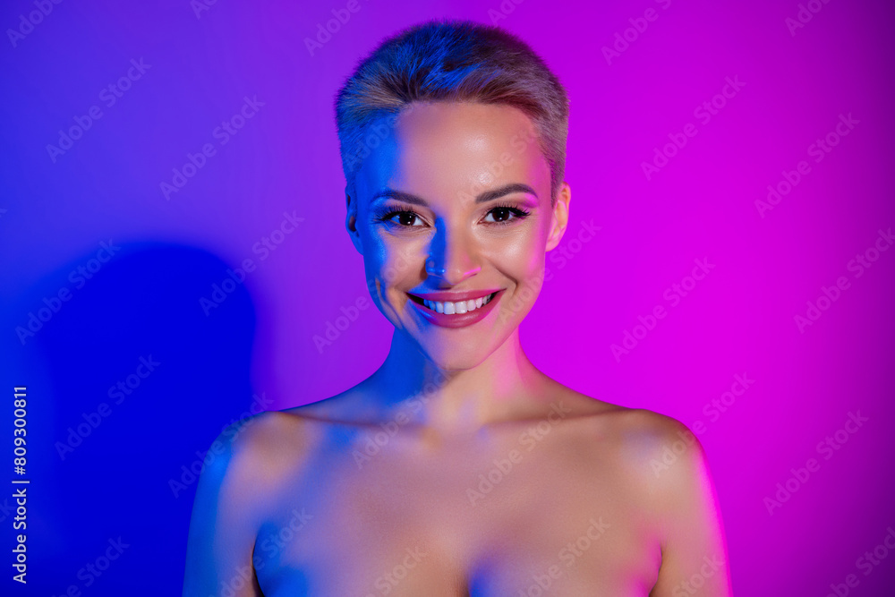 Portrait of gorgeous magnificent visage modern effect isolated on ultraviolet gradient color background Portrait of gorgeous magnificent visage modern effect isolated on ultraviolet gradient color background