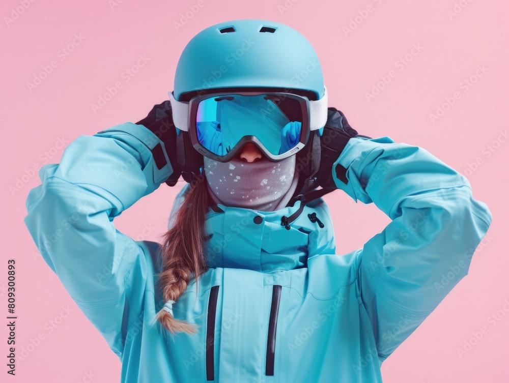 Woman in blue coat and goggles is wearing blue helmet Woman in blue coat and goggles is wearing blue helmet