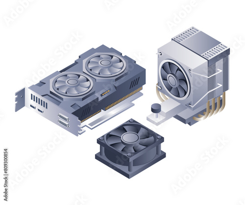 VGA with gaming processor infographic 3d flat isometric illustration