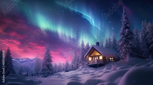 Small cabin is nestled in snowy forest