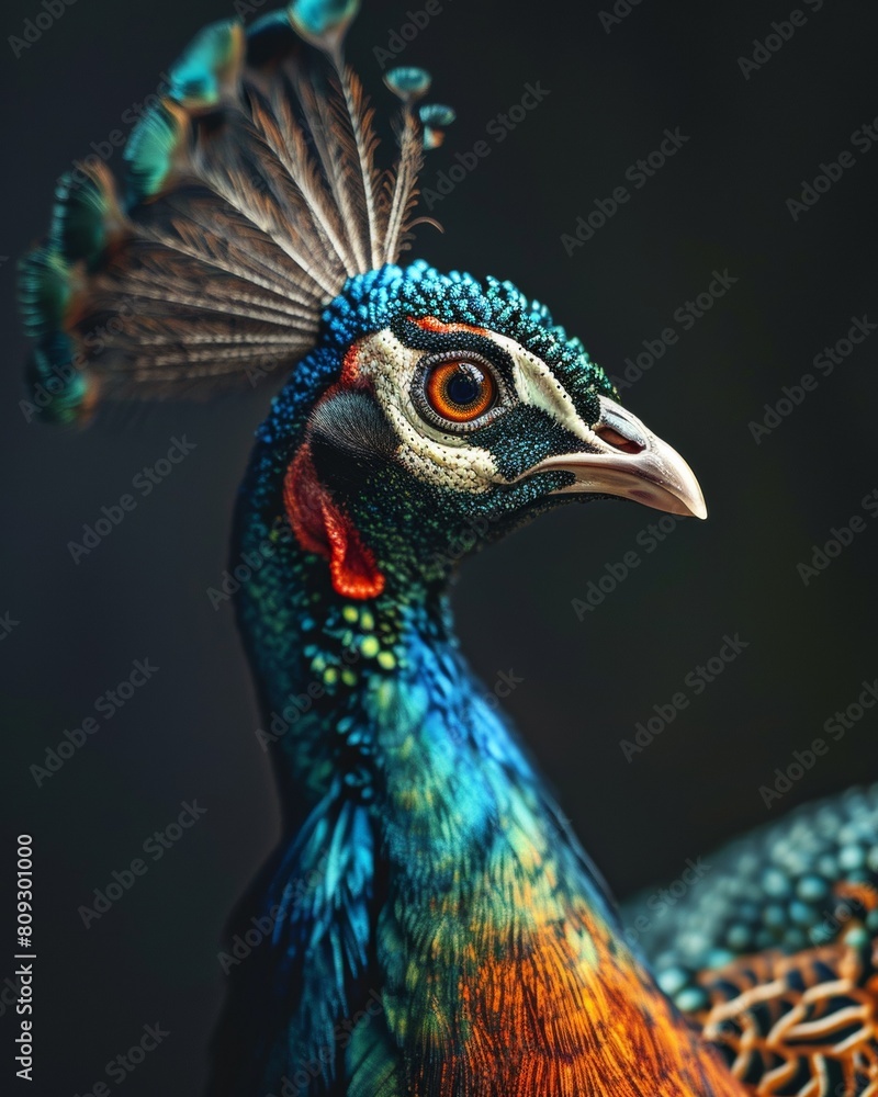 Obraz premium Mystic portrait of Indian Peafowl, copy space on right side, Headshot, Close-up View, 