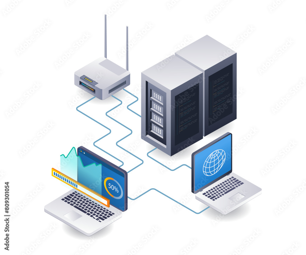Wifi network server technology analyst infographic 3d illustration flat isometric Wifi network server technology analyst infographic 3d illustration flat isometric