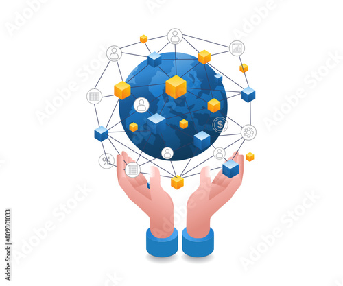 World business network in the hands of infographics flat isometric 3d illustration