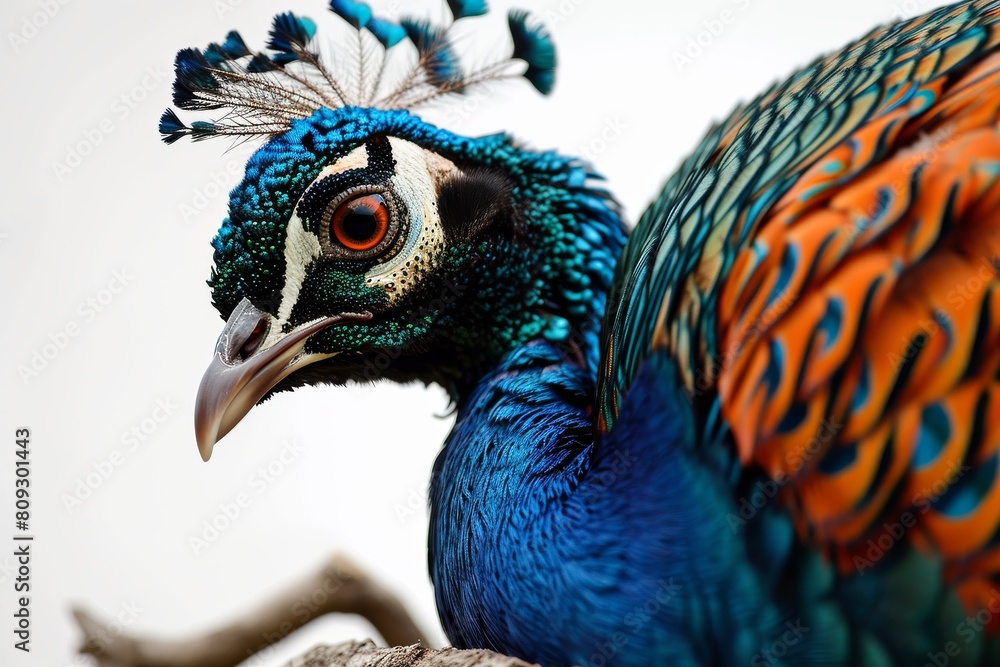 Obraz premium Mystic portrait of Indian Peafowl standing in small root in studio, 