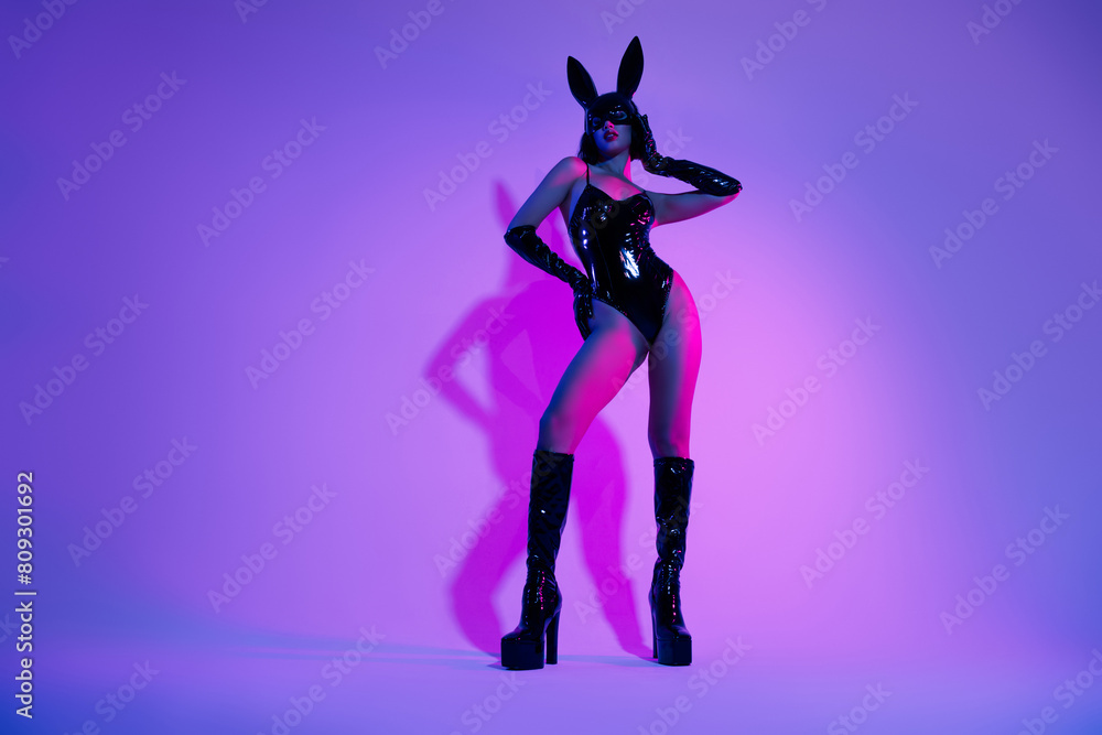 Photo of elegant girl wear black leather costume posing feel tempting isolated neon color background