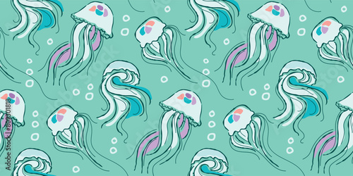 Decorative seamless pattern with floating jellyfish.Underwater sea inhabitants painted with a brush effect.Colorful print on fabric and paper.Vector design for use in background,wallpaper,cover.